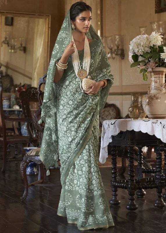 Dusky Green Linen Saree