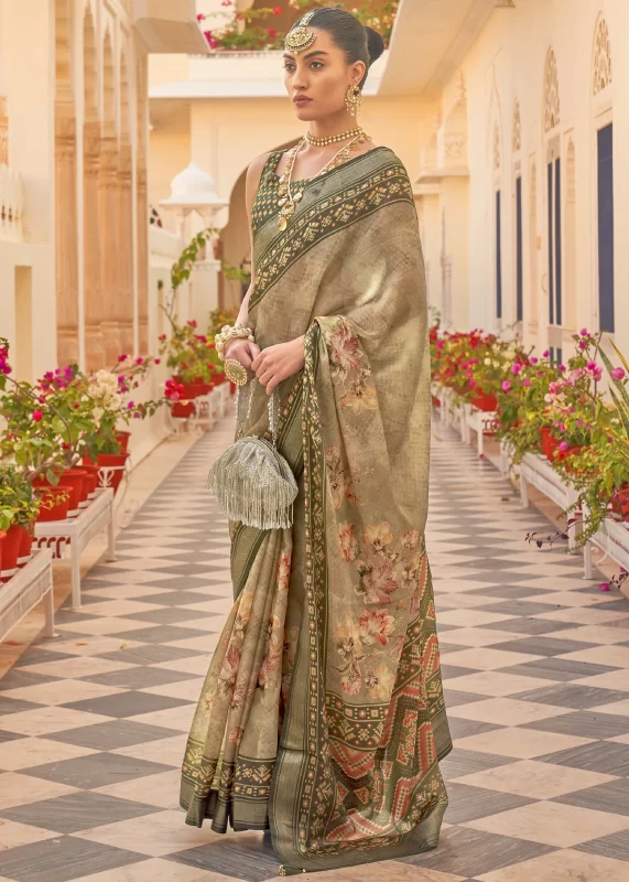 Dusky Green Printed Chiffon Silk Saree