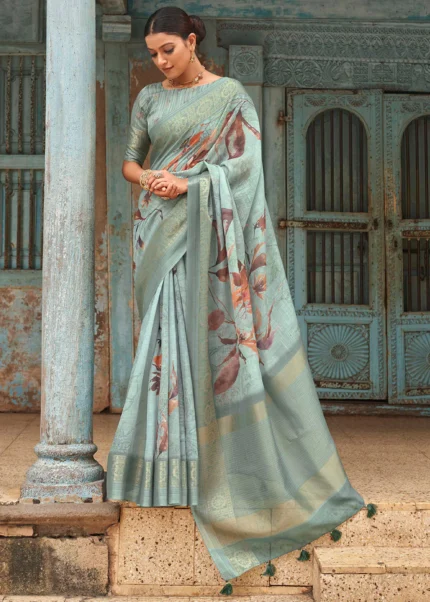 Fair Aqua Printed Linen Silk Saree