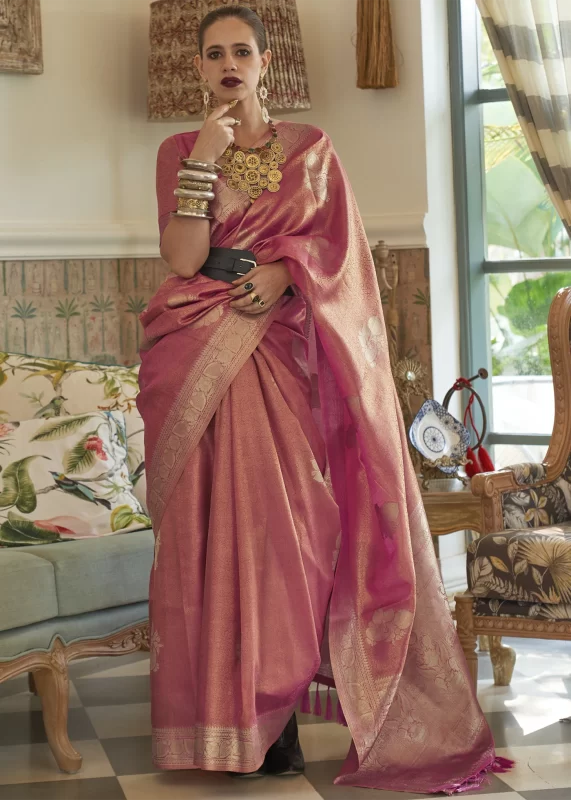 Flamingo Pink Satin Tissue Silk Saree