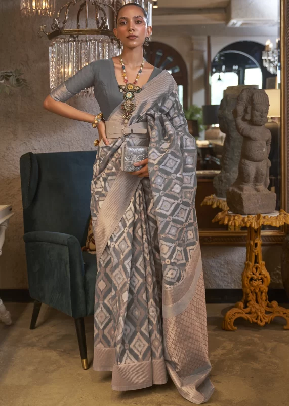 Fossil Gray Woven Linen Silk Saree