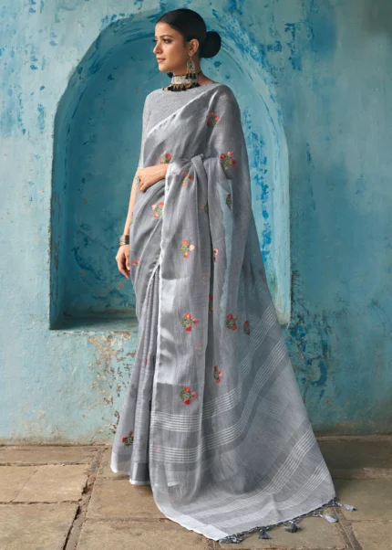 Gray Embroidered Linen Saree