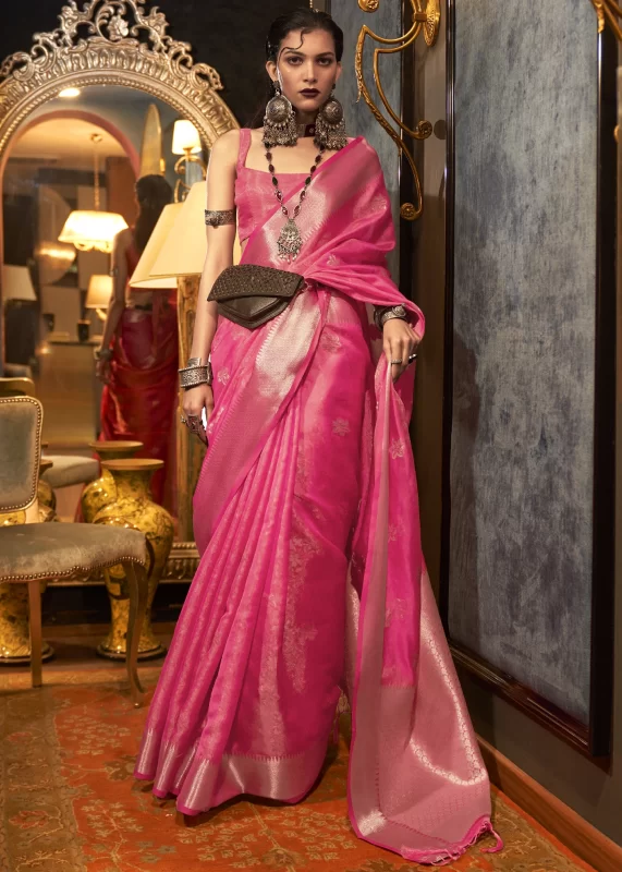 Hot Pink Banarasi Organza Silk Saree