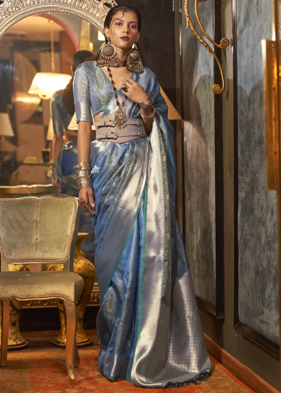 Lake Blue Banarasi Organza Silk Saree