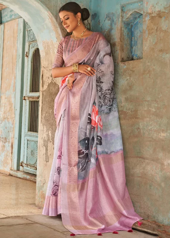 Lavender Printed Linen Silk Saree