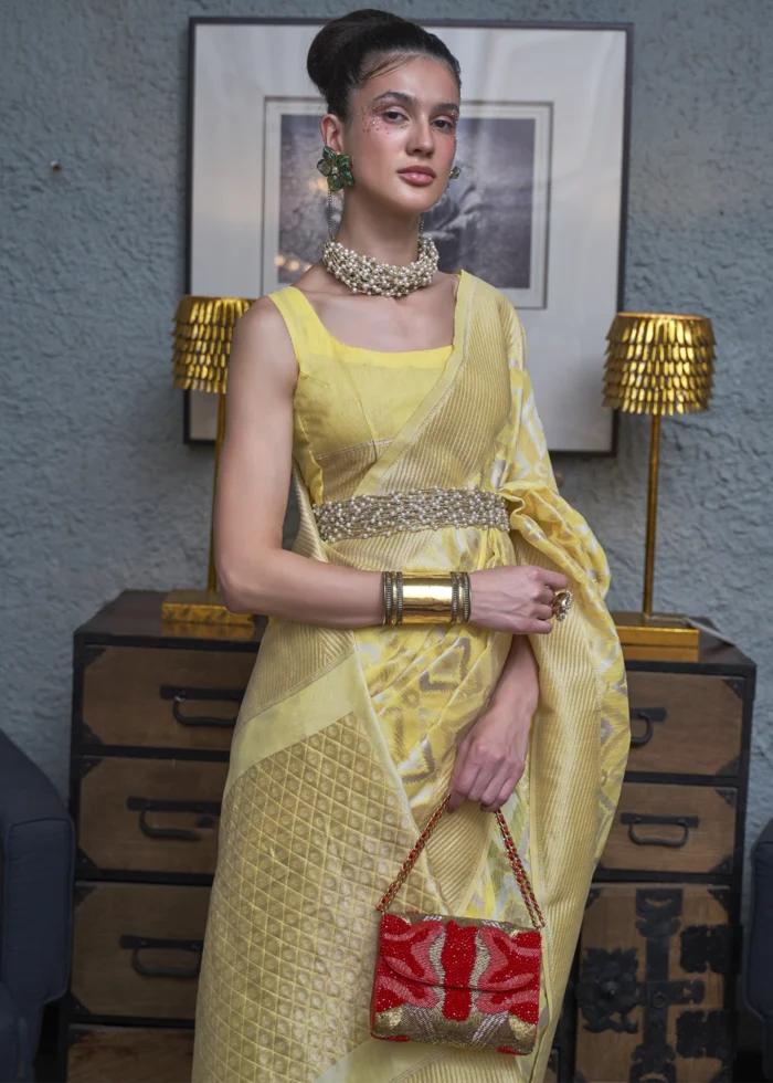 Lime Yellow Woven Linen Silk Saree