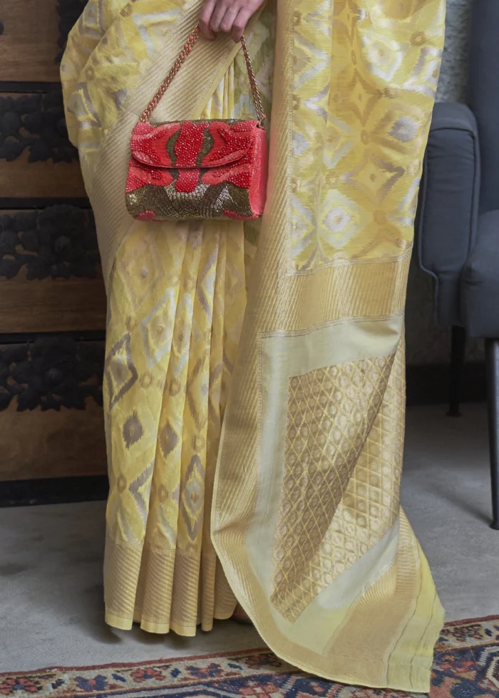 Lime Yellow Woven Linen Silk Saree