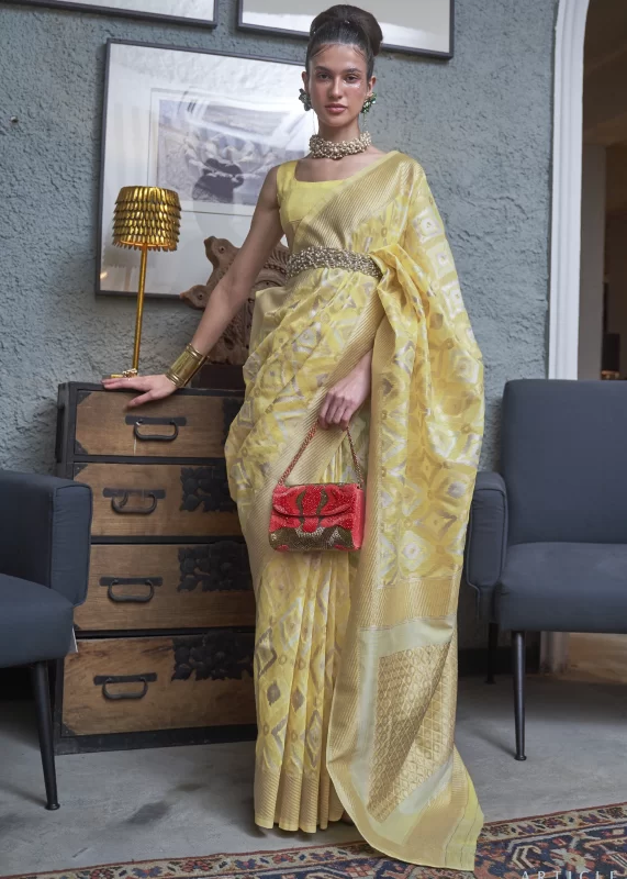 Lemon Yellow Linen Silk Saree