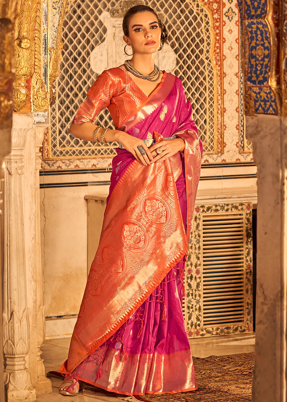 Traditional Deep Red Organza Bridal Saree