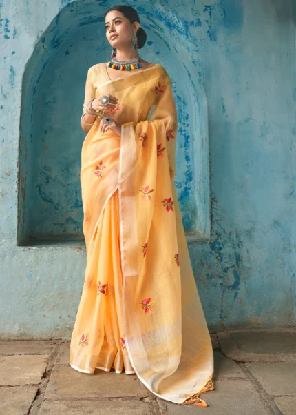 Marigold Orange Embroidered Linen Saree