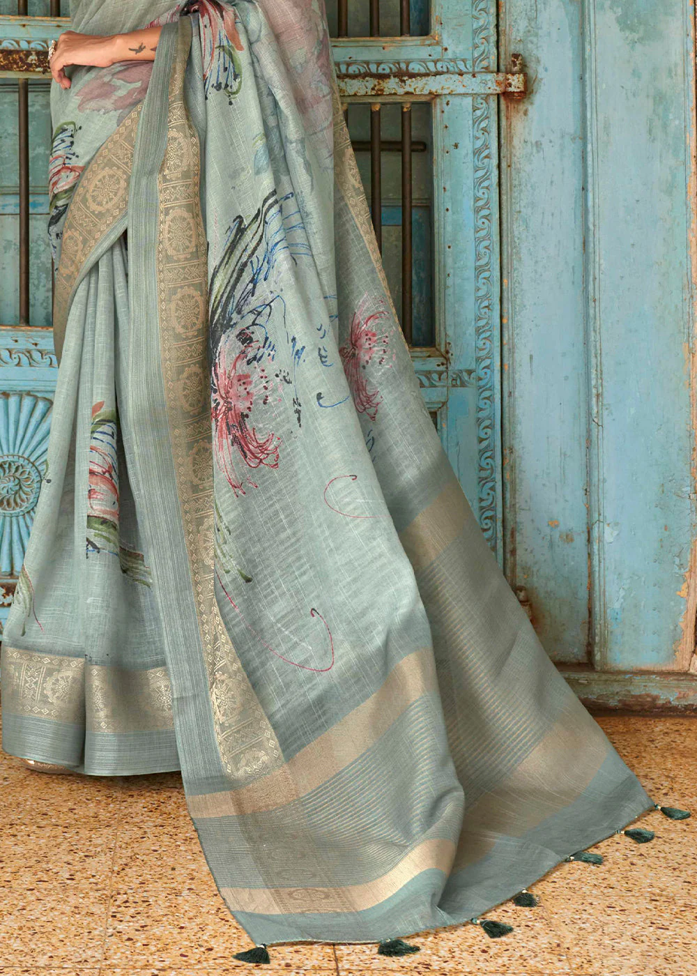 Pink Linen Printed Saree | trendwati