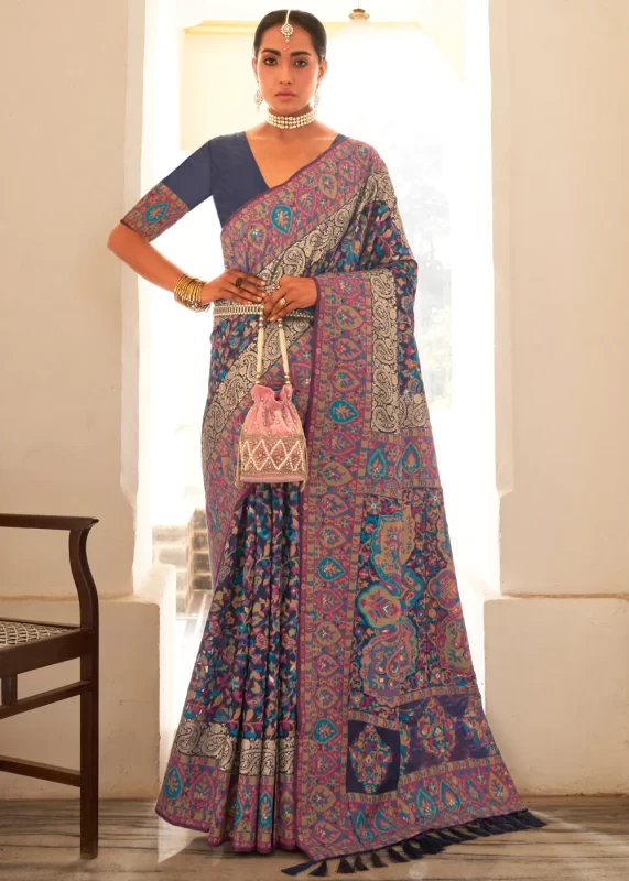 Navy Blue Kashmiri Jamawar Silk Saree