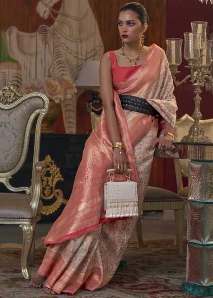 Peach Kashmiri Jamawar Silk Saree