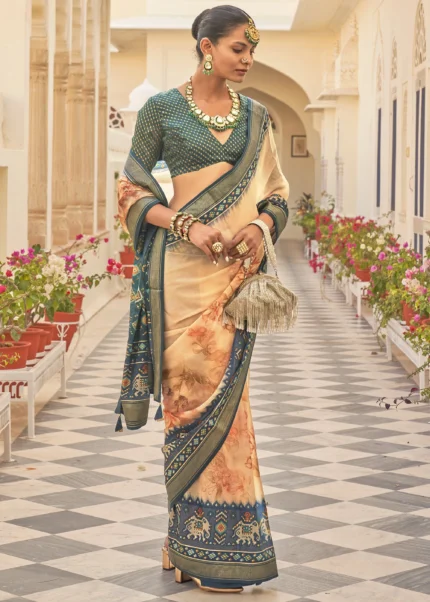 Peach Printed Chiffon Silk Saree