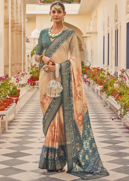 Peach Printed Chiffon Silk Saree