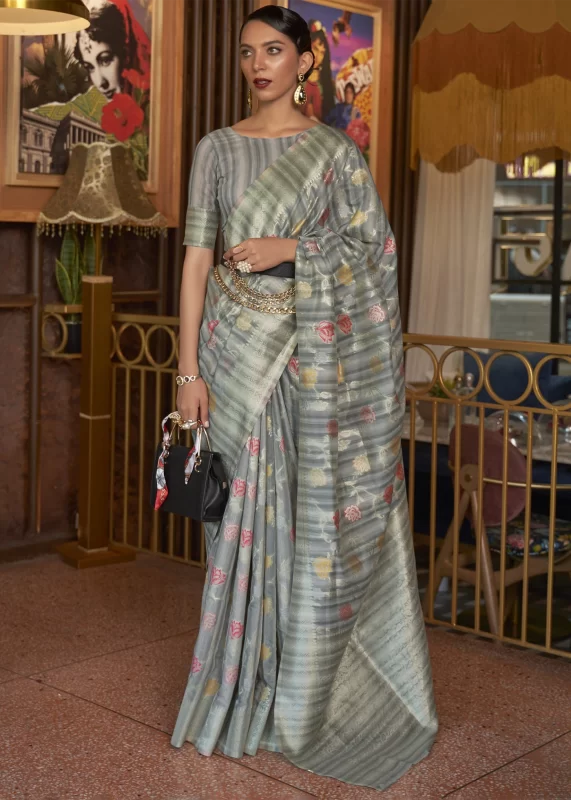 Pewter Gray Woven Linen Silk Saree