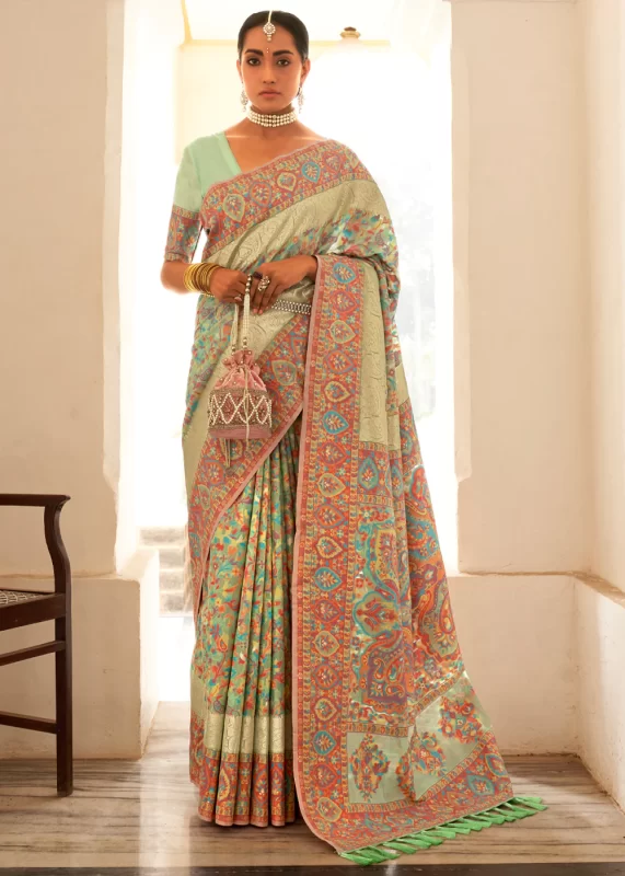 Pista Green Kashmiri Jamawar Silk Saree