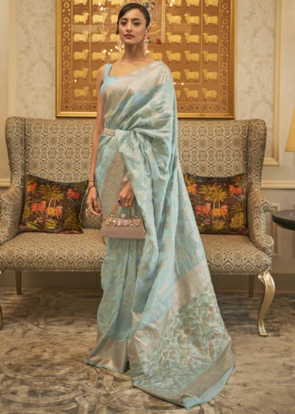 Powder Blue Cotton Silk Saree