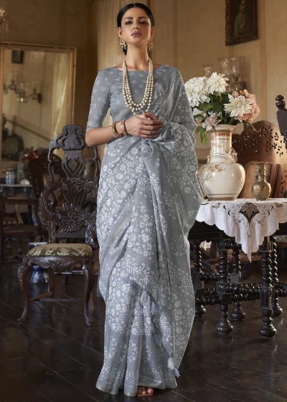 Powder Gray Linen Saree