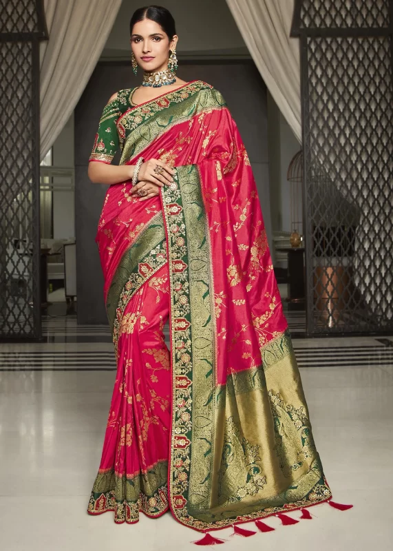 Ruby Pink Satin Silk Banarasi Saree