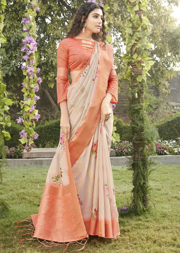 Salmon Orange Linen Silk Saree