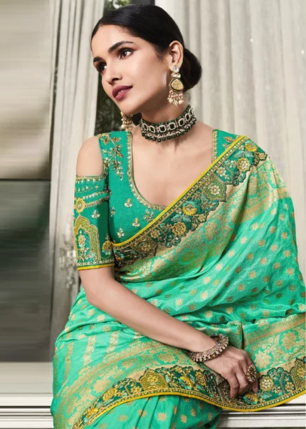 Seafoam Green Satin Silk Banarasi Saree