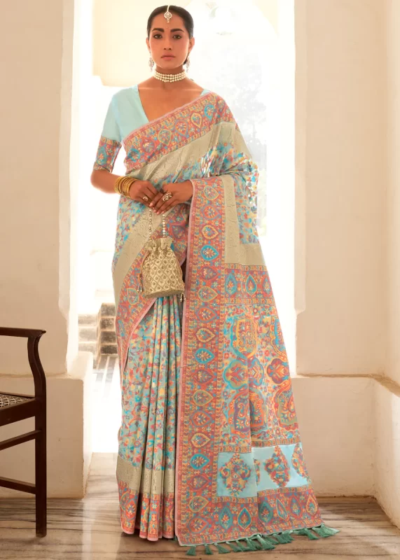 Sky Blue Kashmiri Jamawar Silk Saree