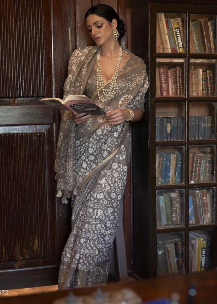 Light Grey & White Saree with Dark Grey Embroidery Blouse - InStyle Boutique