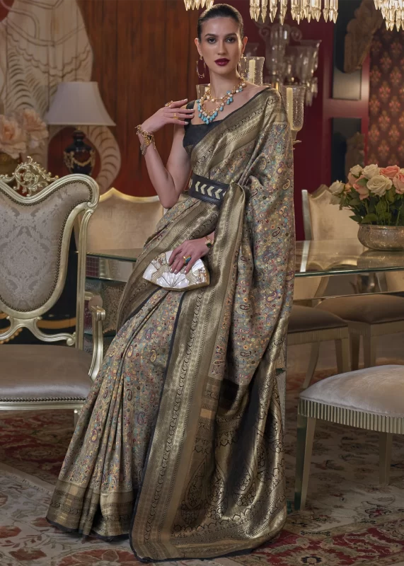 Smoke Gray Kashmiri Jamawar Silk Saree