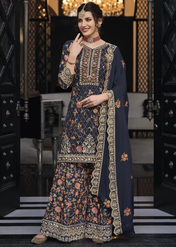 Steel Blue Embroidery Palazzo Suit