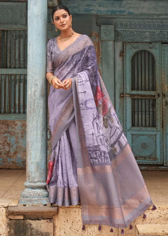 Tulip Purple Printed Linen Silk Saree