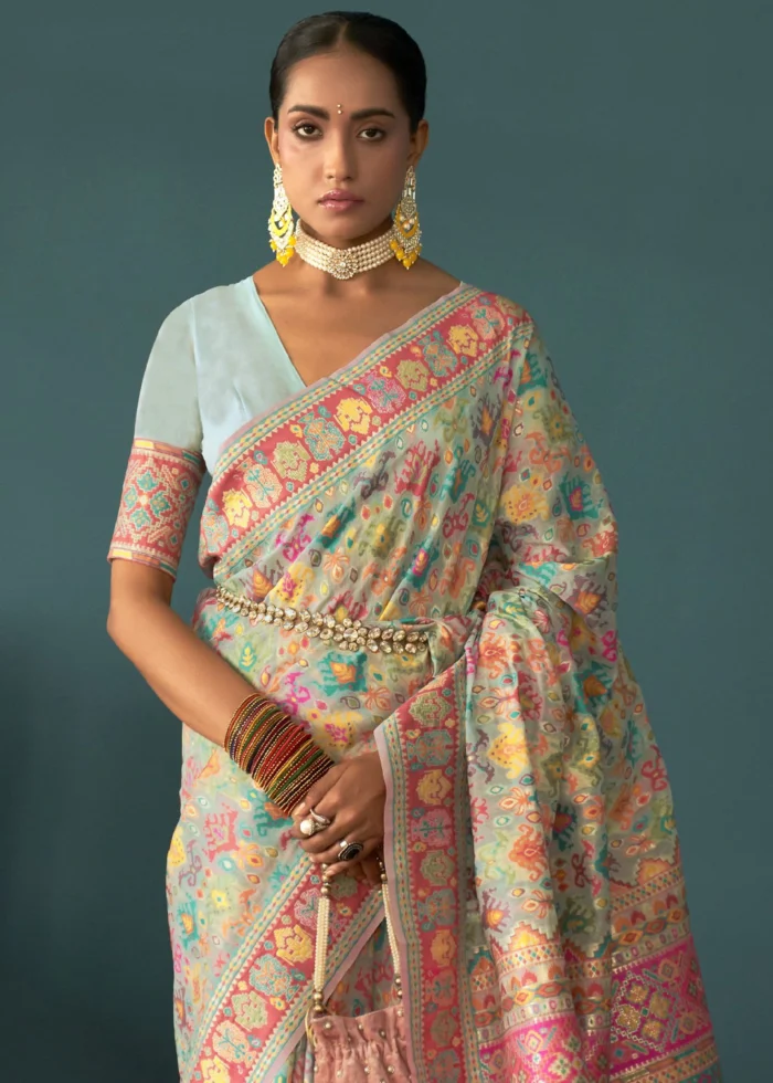 Aqua Blue Kashmiri Jamawar Saree