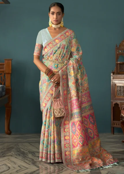 Aqua Blue Kashmiri Jamawar Saree