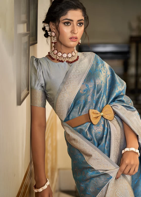 Blue & Gray Banarasi Silk Saree