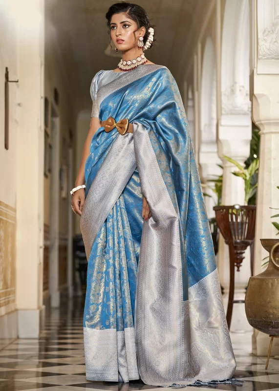 Blue & Gray Banarasi Silk Saree