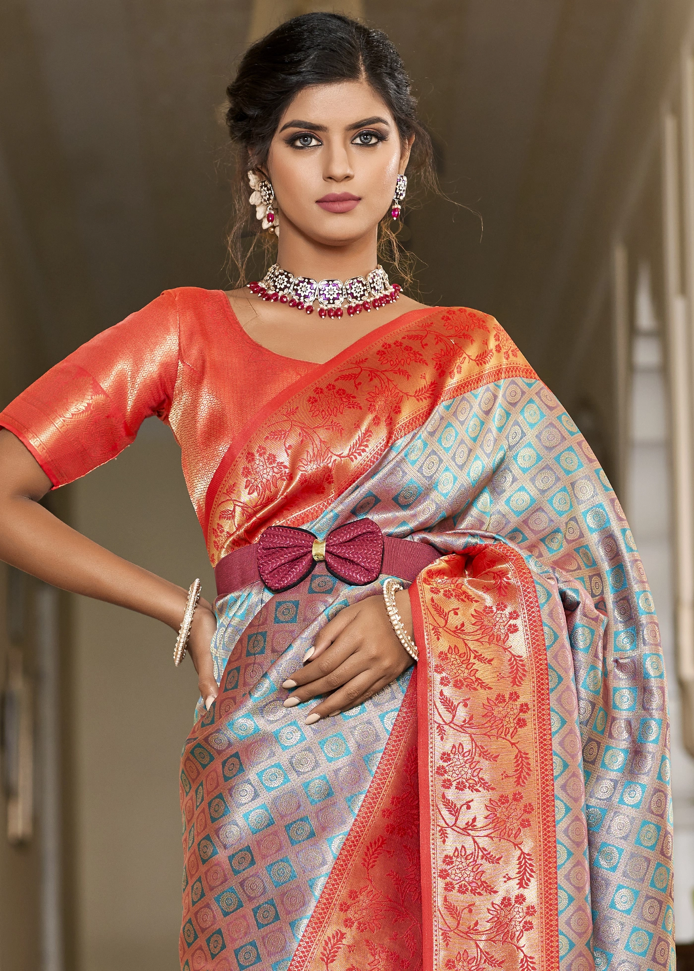 Pure kanjivaram silk saree blue and orange with all over weaves in bor –  Cherrypick