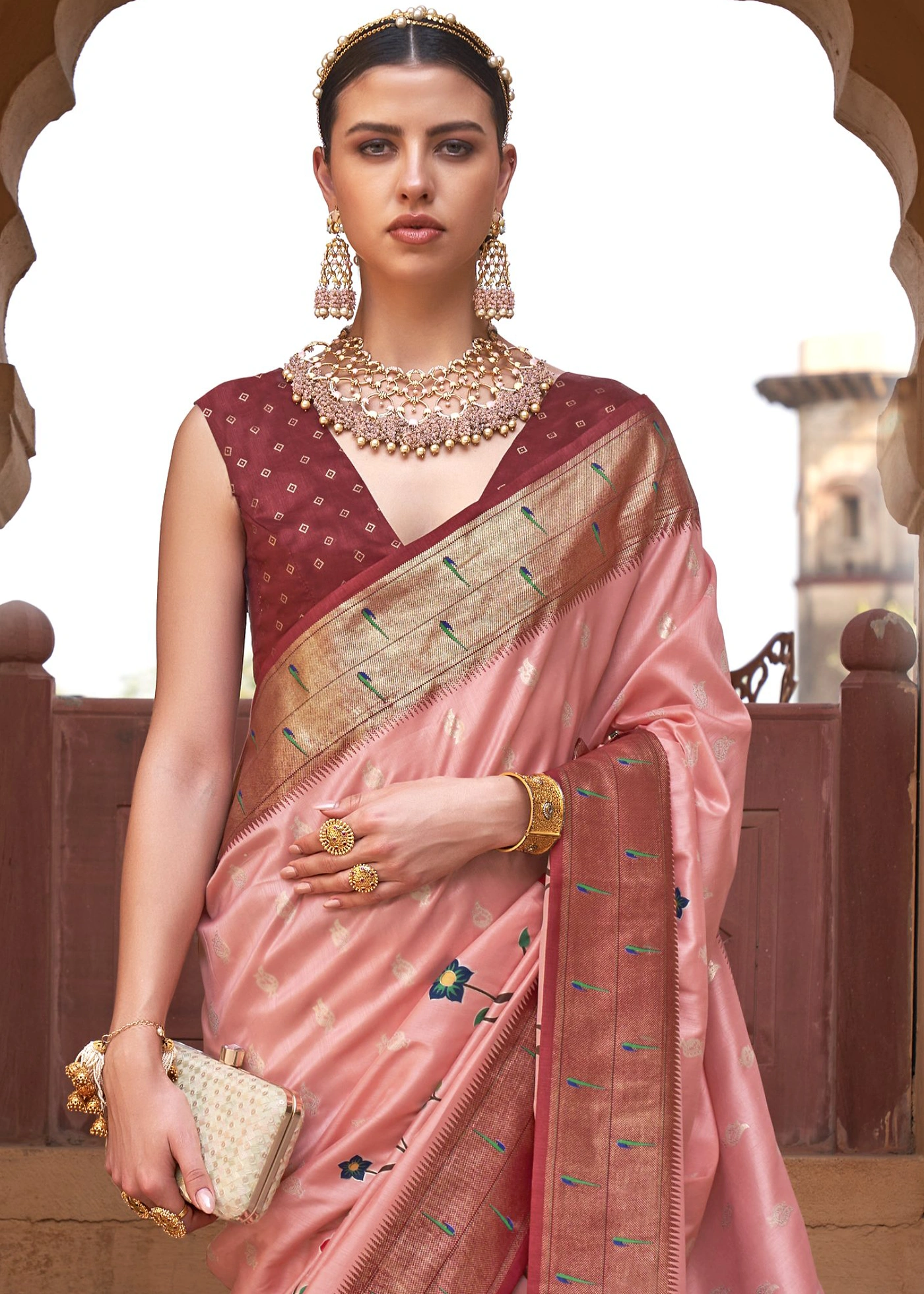 Blush Peach Woven Paithani Silk Saree - Urban Womania