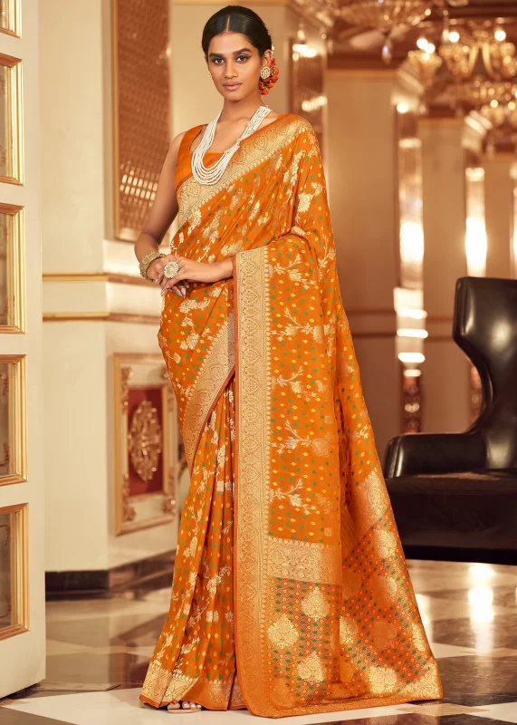 Carrot Orange Chiffon Banarasi Saree