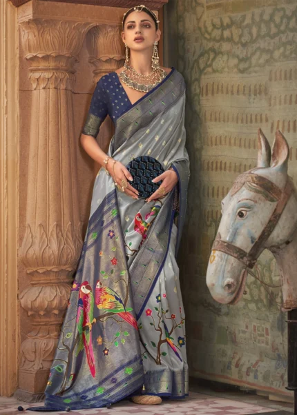 Cloud Gray Paithani Silk Saree