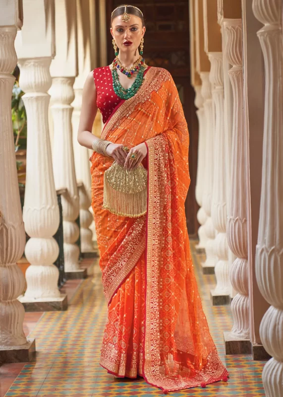 Coral Orange Georgette Silk Saree