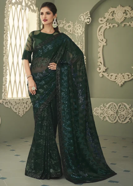 Dark Green Georgette Sequins Saree