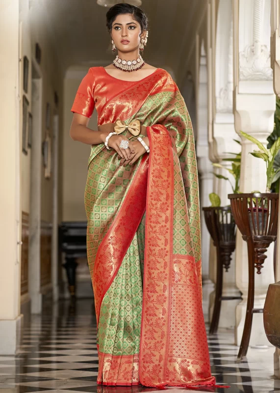 Green & Red Banarasi Silk Saree