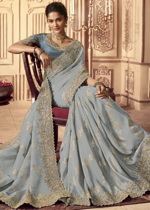 Greyish Blue Banarasi Saree