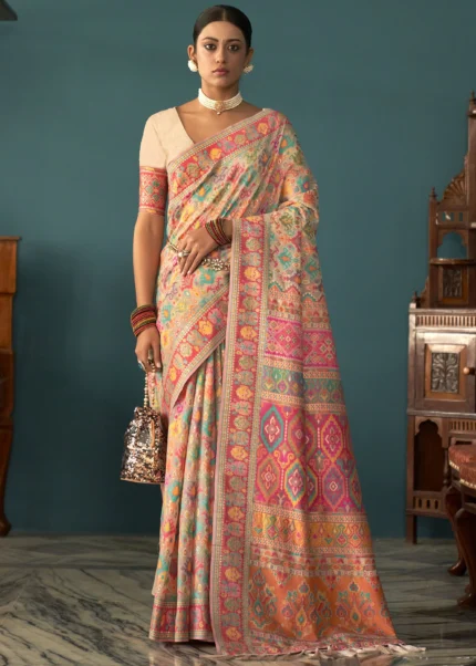 Light Peach Kashmiri Jamawar Saree