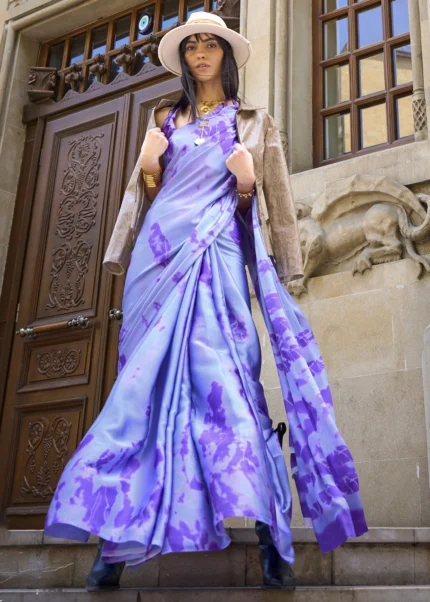 Lilac Blue Satin Crepe Saree