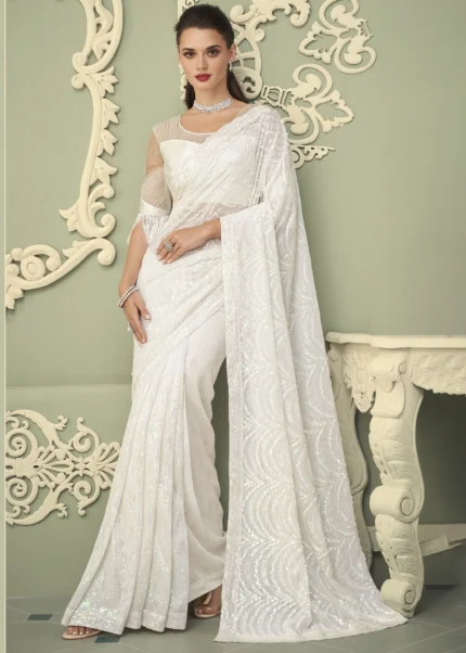 Lily White Georgette Sequins Saree