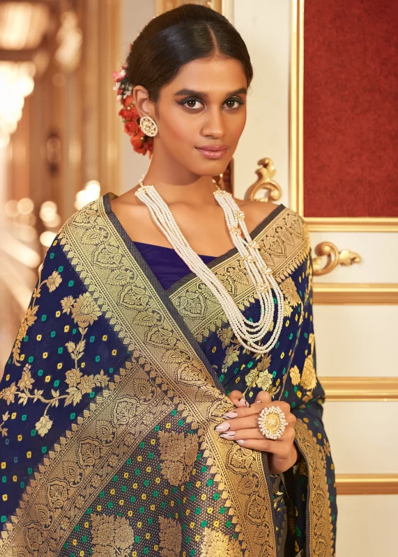 Navy Blue Chiffon Banarasi Saree