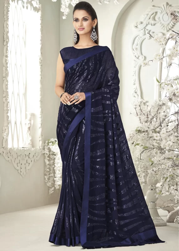 Navy Blue Sequins Saree