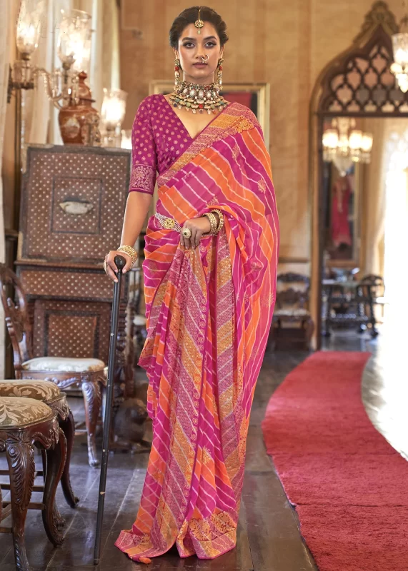 Orange & Pink Georgette Silk Saree