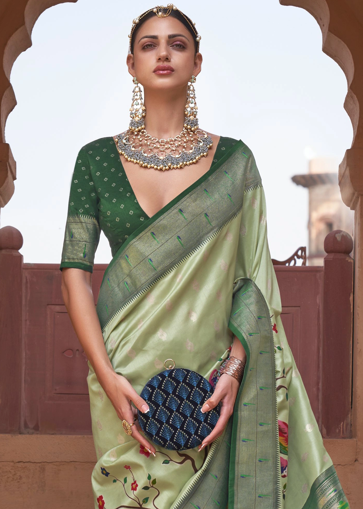 Mint Green Woven Banarasi Silk Saree with Sequins work – Ethnos